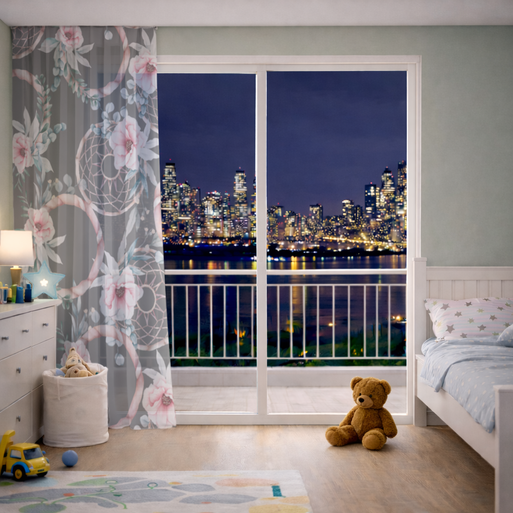 Boho Çiçek ve Dreamcatcher Deseni Tül Perde