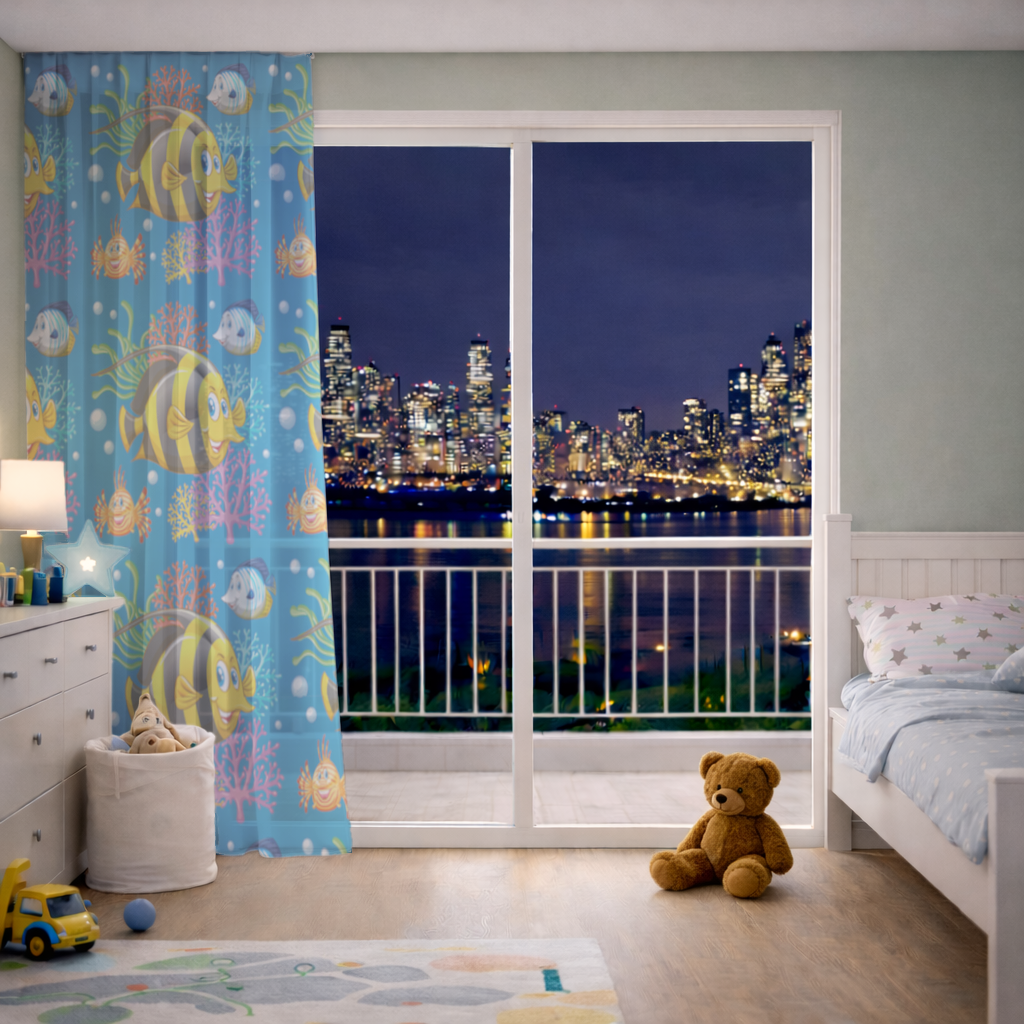 Colorful Tropical Fish and Coral Reef Pattern Sheer Curtain