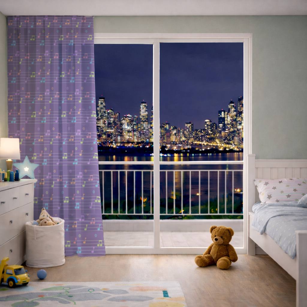 Renkli Müzik Notaları ve Modern Geometrik Desen Tül Perde