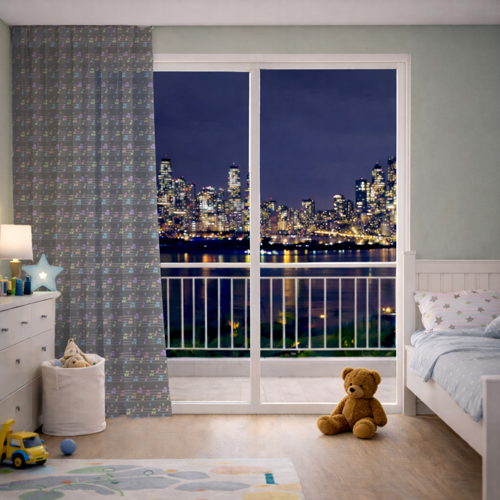 Vibrant Neon Music Notes and Rhythm Seamless Pattern Sheer Curtain