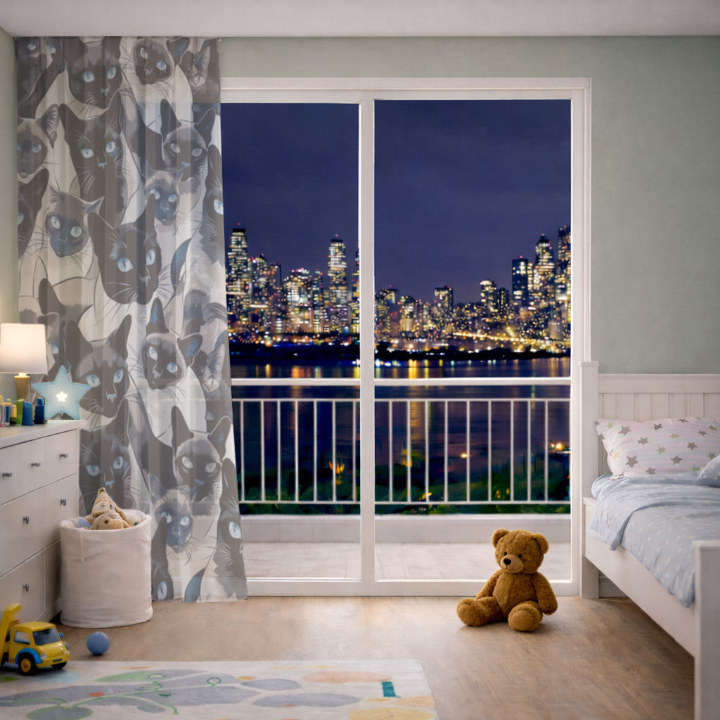 Blue Eyed Siamese Cat Elegant Illustration Pattern Sheer Curtain