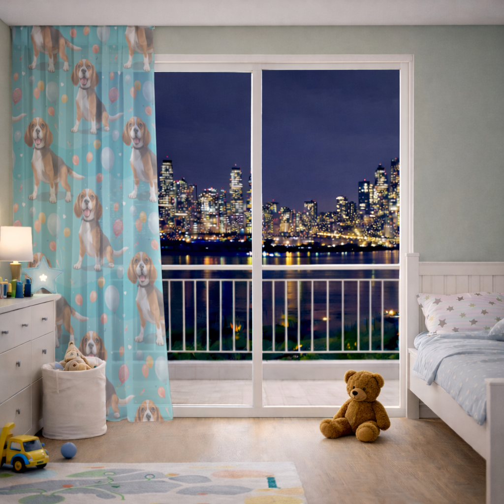 Sevimli Beagle Köpek ve Renkli Balonlar Desenli Tasarım Tül Perde