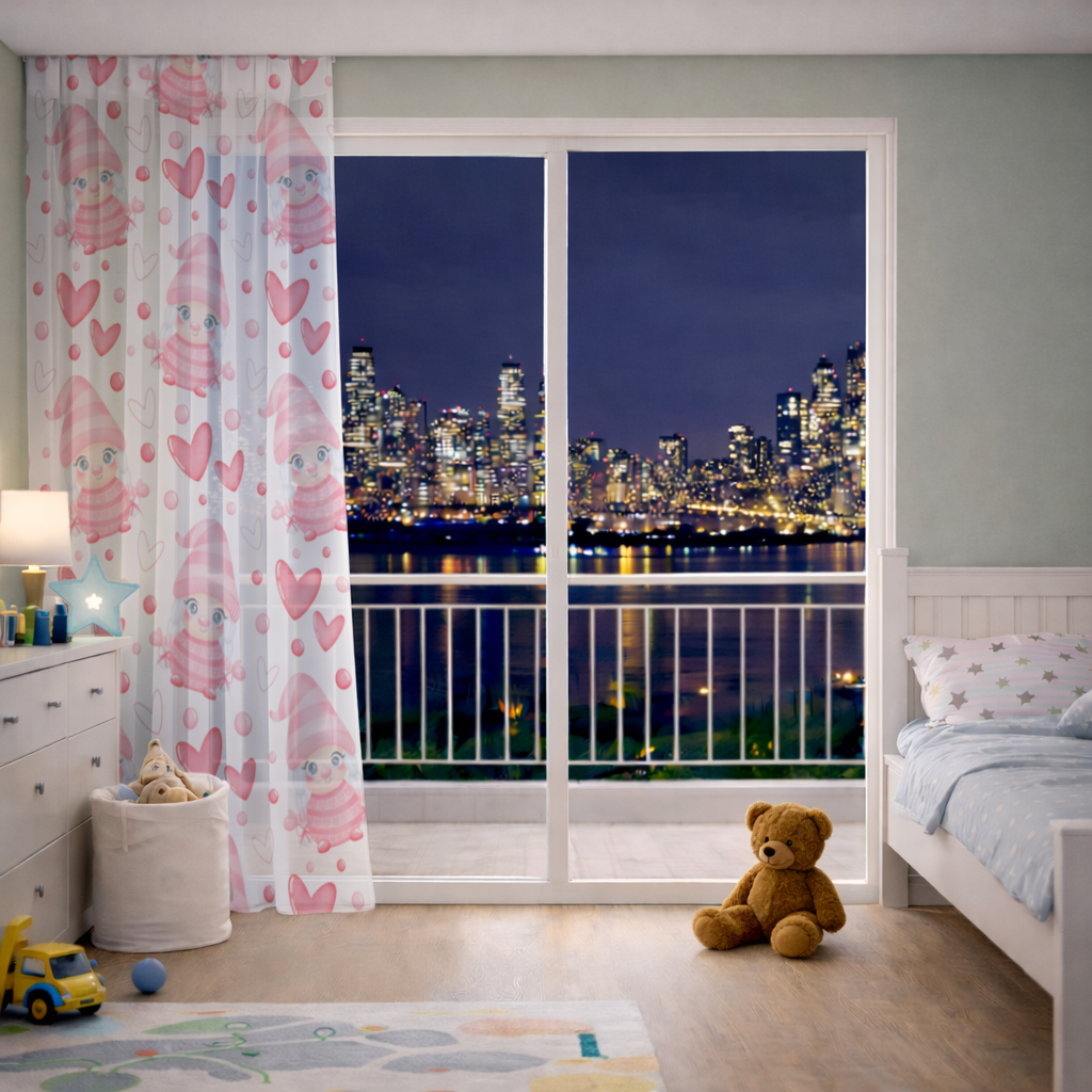 14 Şubat Sevimli Pembe Kız Bebek Kalp Desenli Tasarım Tül Perde