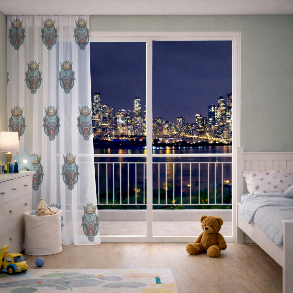 Taçlı Öfkeli Goril Kral Grafiği - Neon Detaylı Maskot Tül Perde