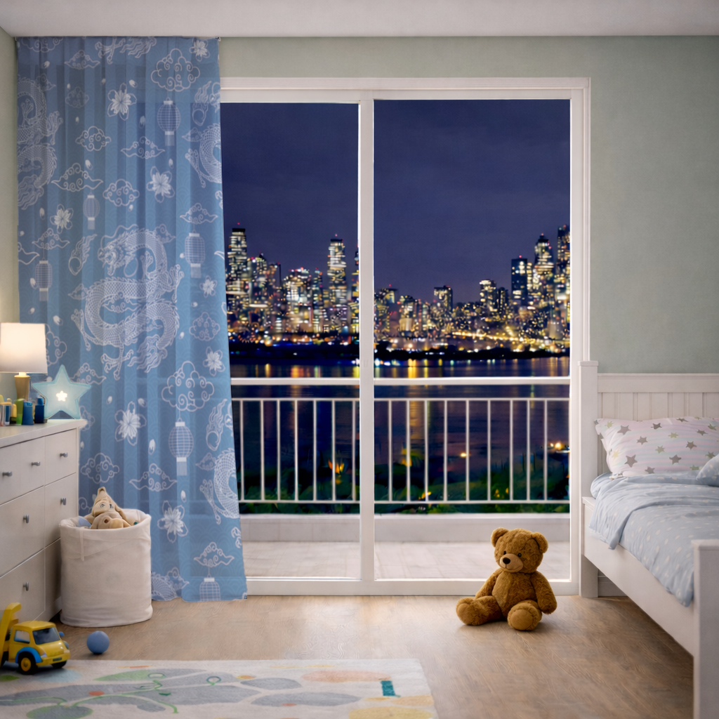 Mavi Zemin Üzerinde Geleneksel Ejderha Deseni Tül Perde