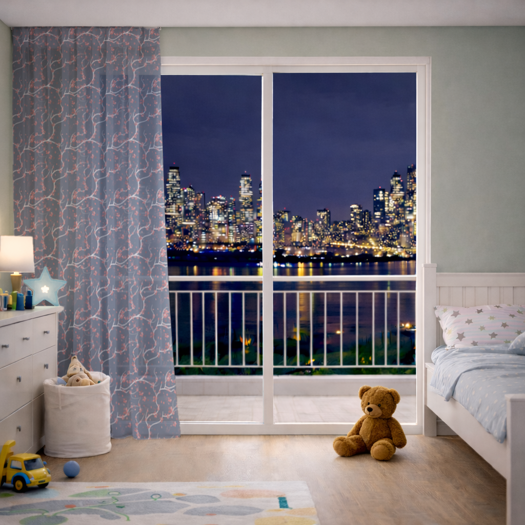 Red Floral Branch Pattern on Navy Background 