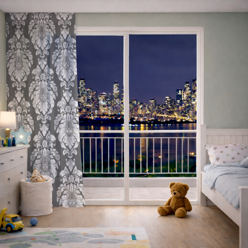 Siyah Beyaz Barok Çiçek Deseni Tül Perde