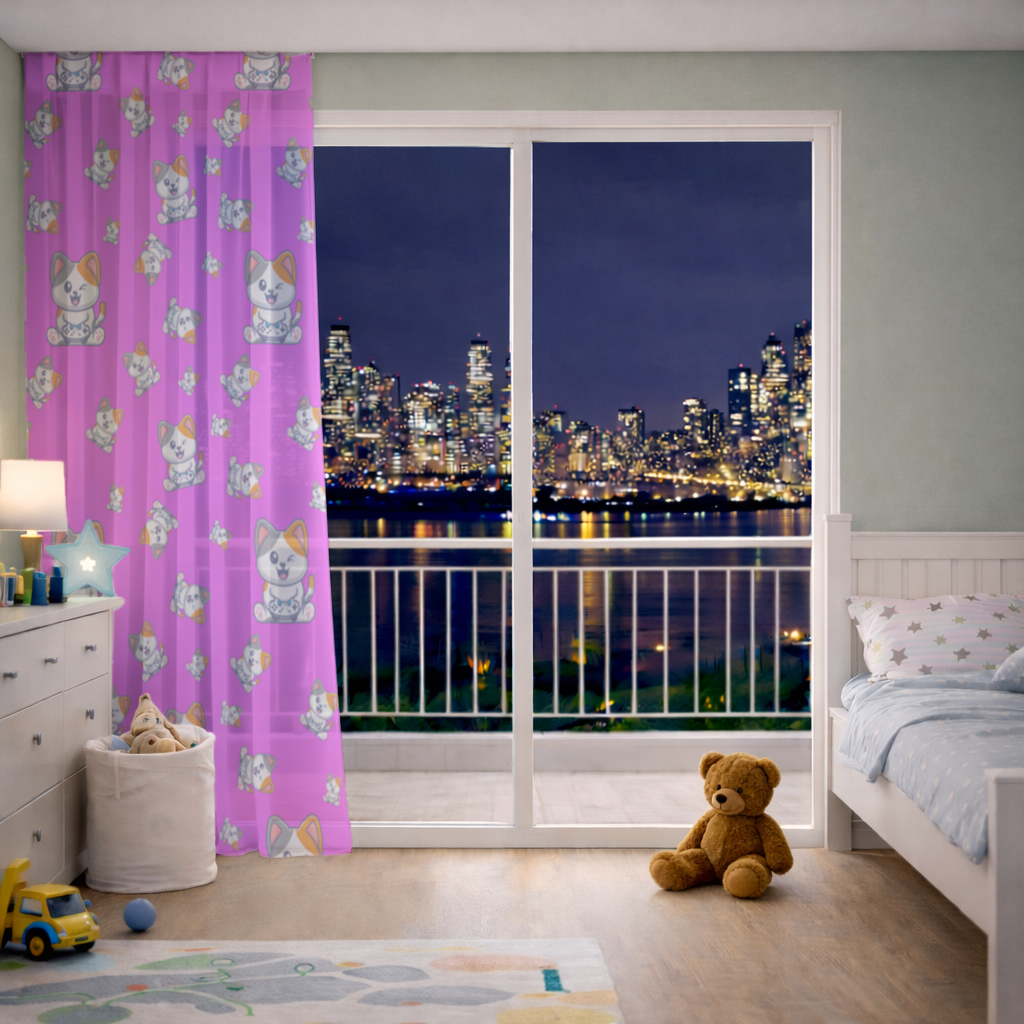 Pembe Zemin Üzerinde Sevimli Çizgi Kedi Deseni Tül Perde