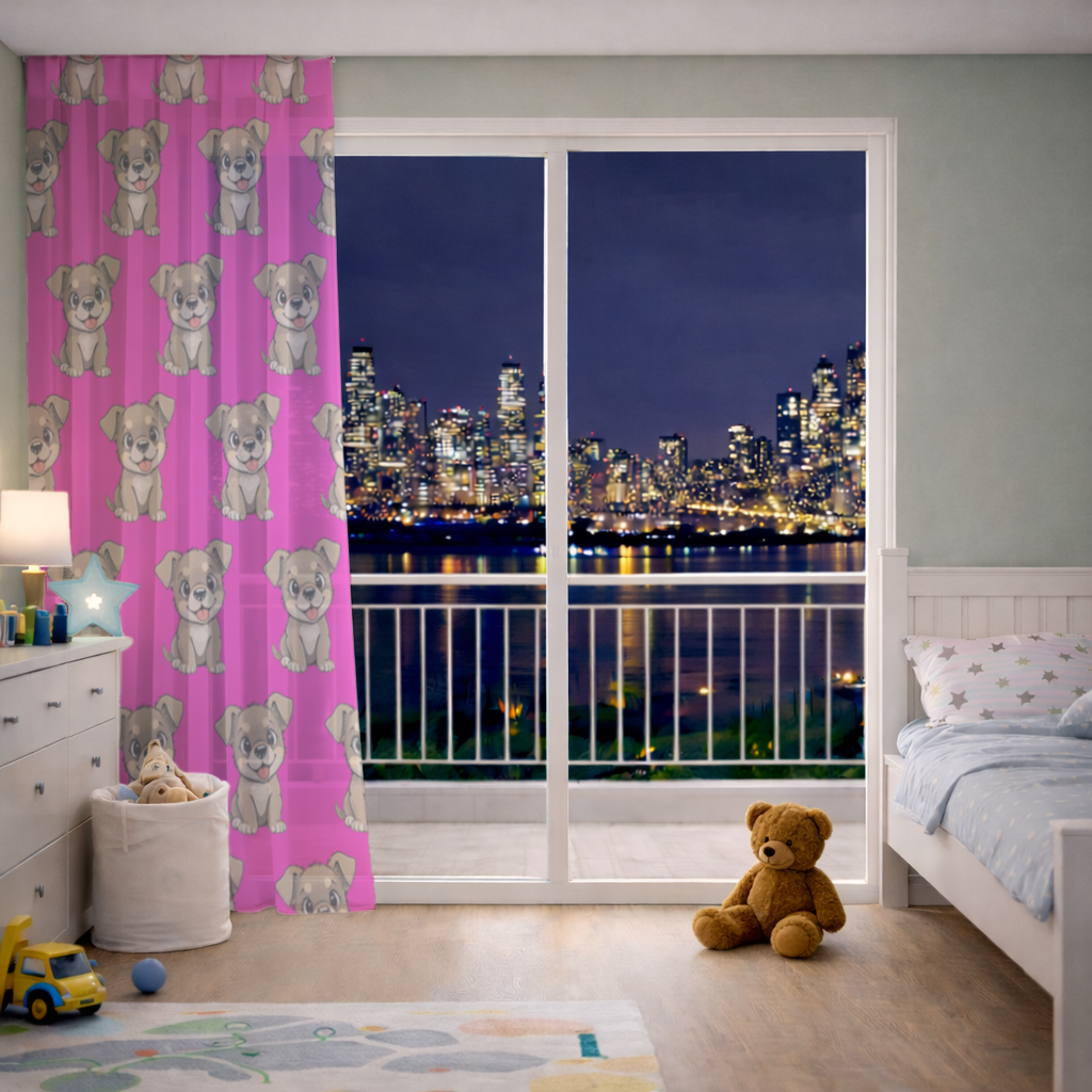 Cute Dog Illustration on Pink Background Sheer Curtain