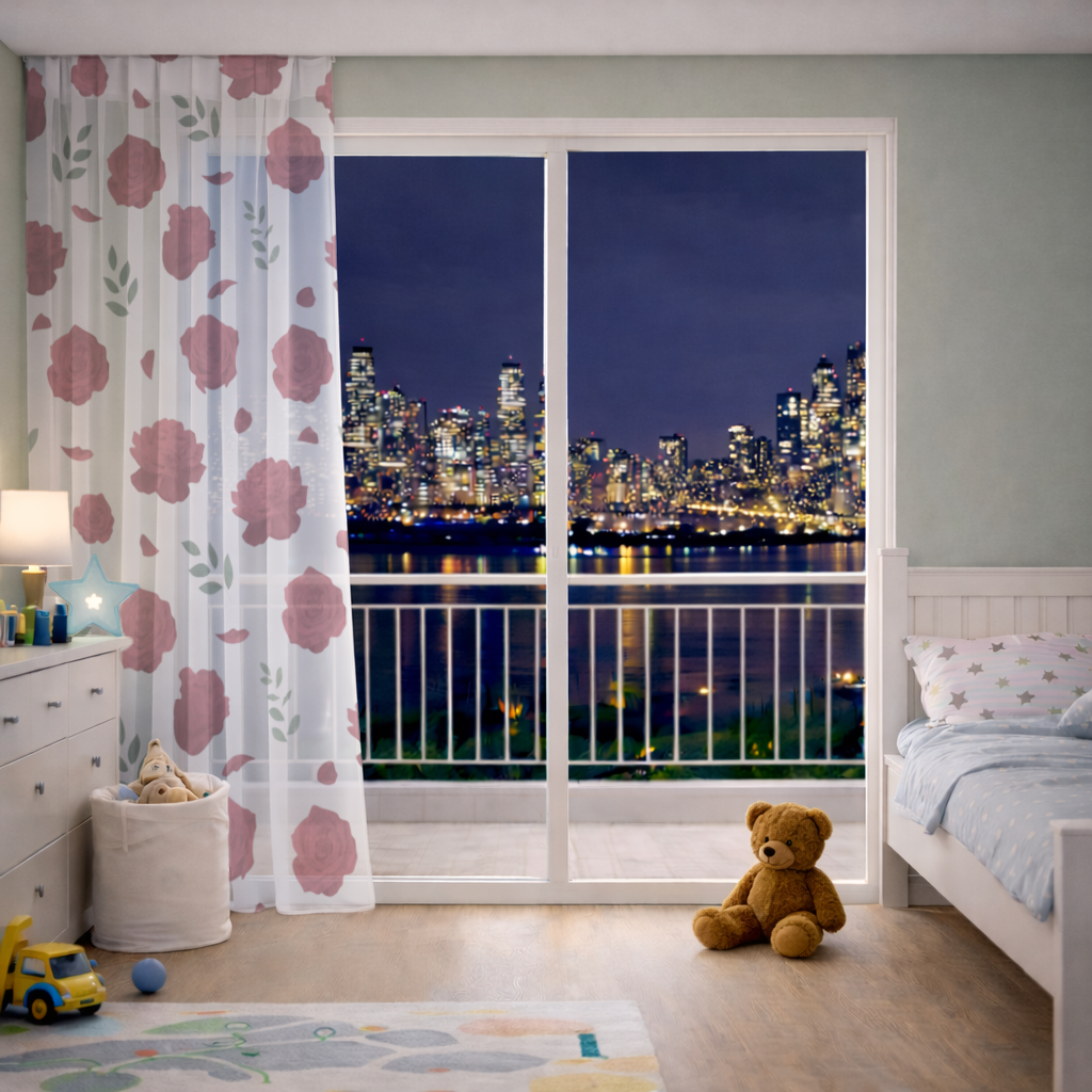 Red Rose and Leaf Romantic Seamless Pattern Sheer Curtain