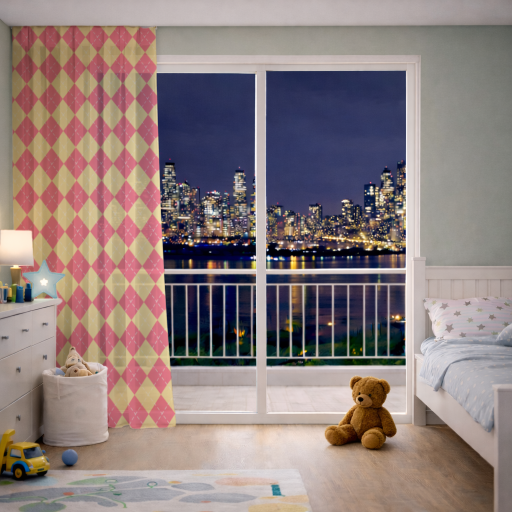 Red and Yellow Argyle Geometric Pattern Background Sheer Curtain