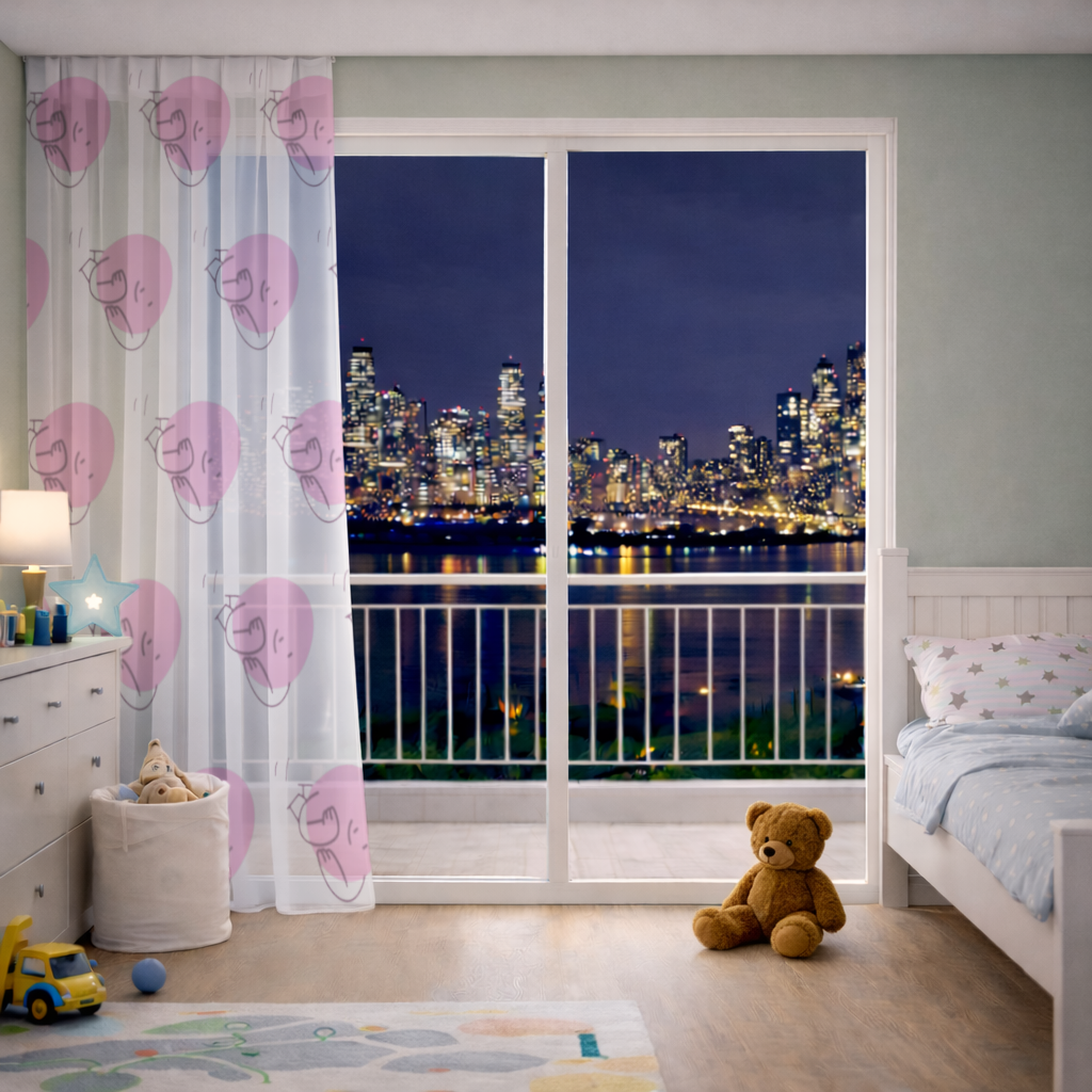 Sevimli Pembe Uzanmış Karakter Çizimi Tül Perde