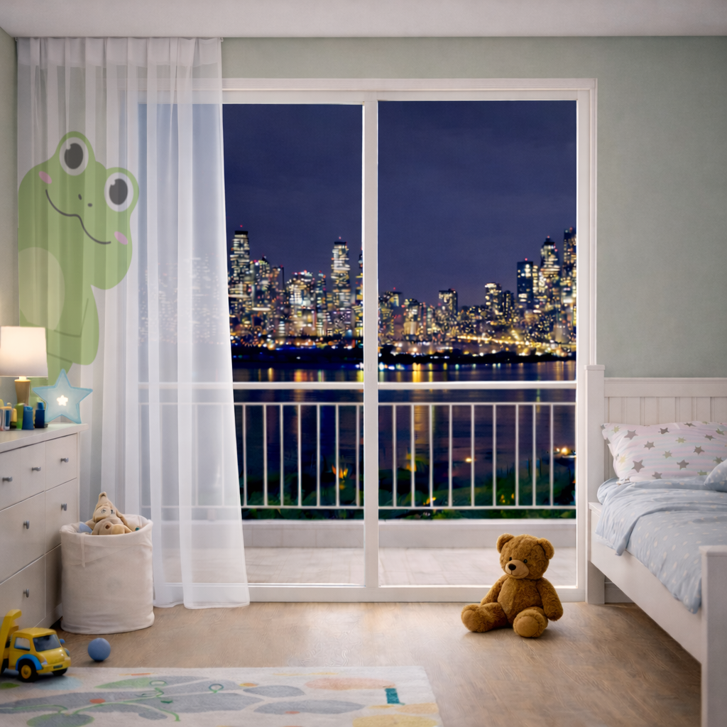 Cute Green Frog Peek-a-Boo Illustration Sheer Curtain