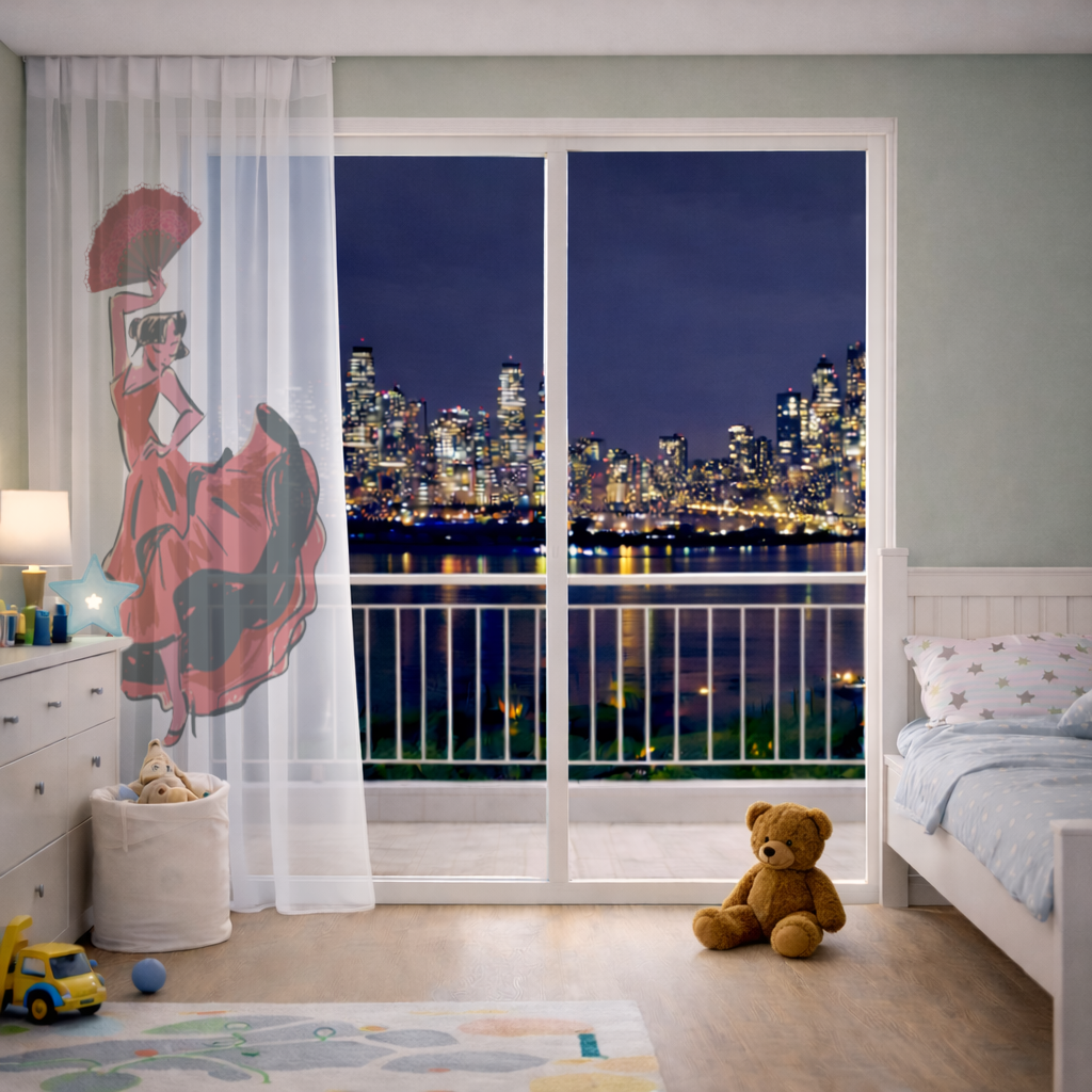 Yelpazeli Flamenko Dansçısı İllüstrasyonu Tül Perde