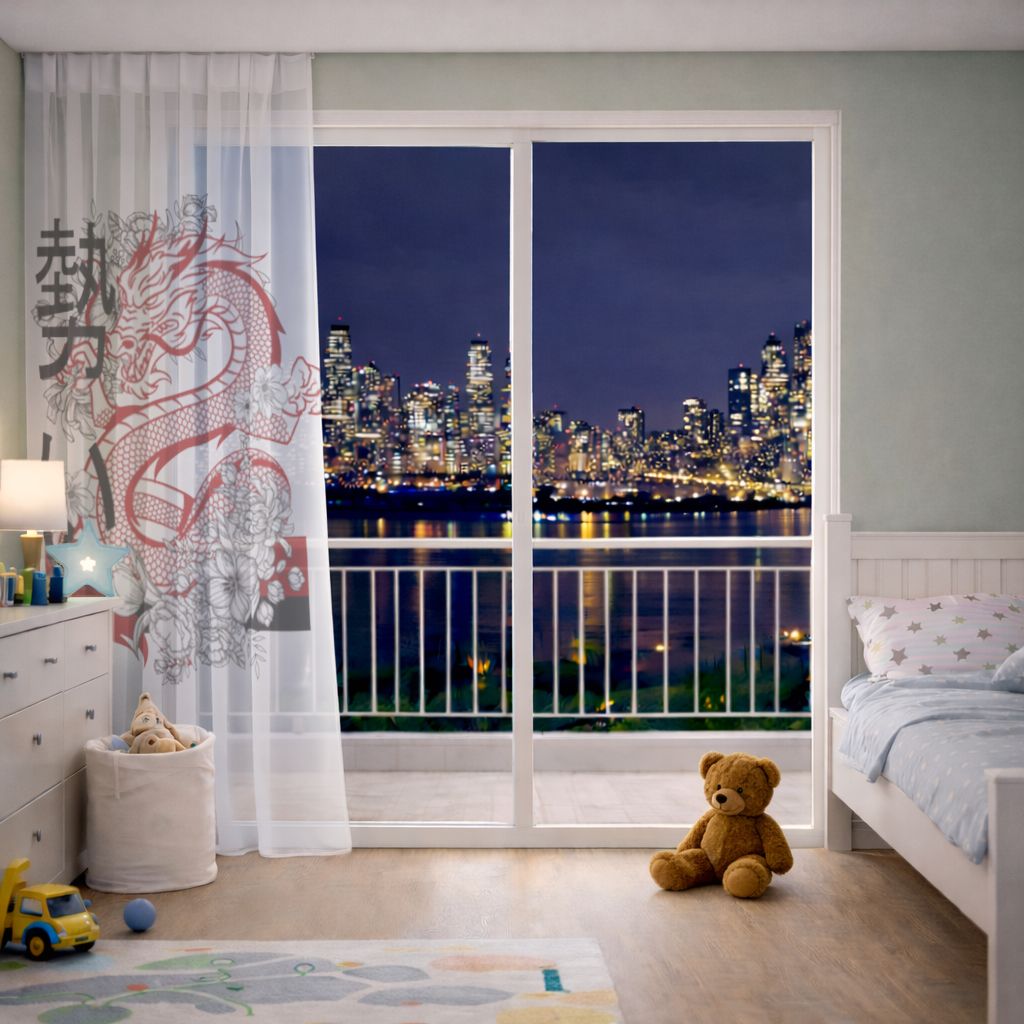 Japon Ejderhası ve Çiçek Deseni Tül Perde