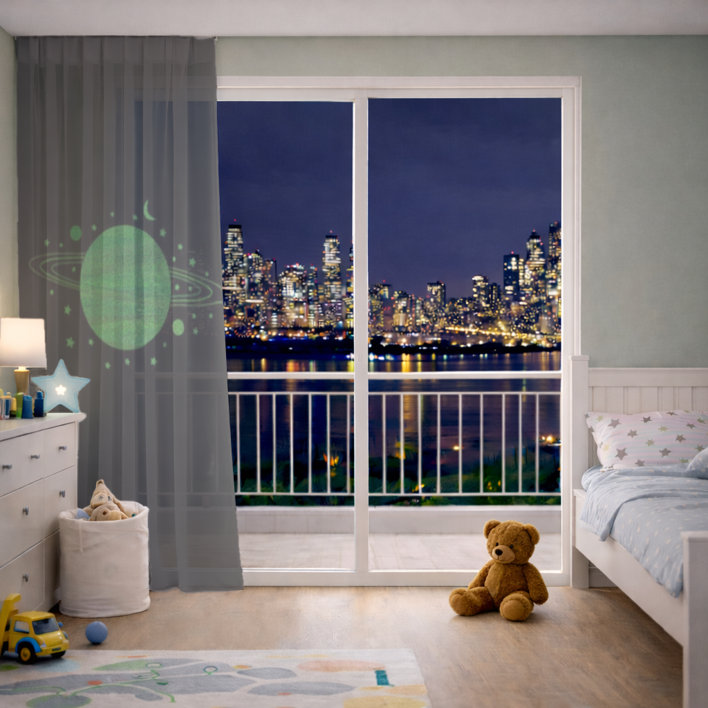 Green planets on a black background. Sheer Curtain