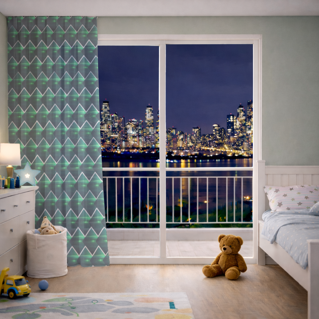 Green bright strips on black background. Sheer Curtain