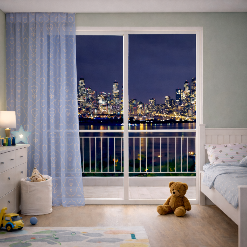 Orange Linear Floral Pattern on Blue Sheer Curtain