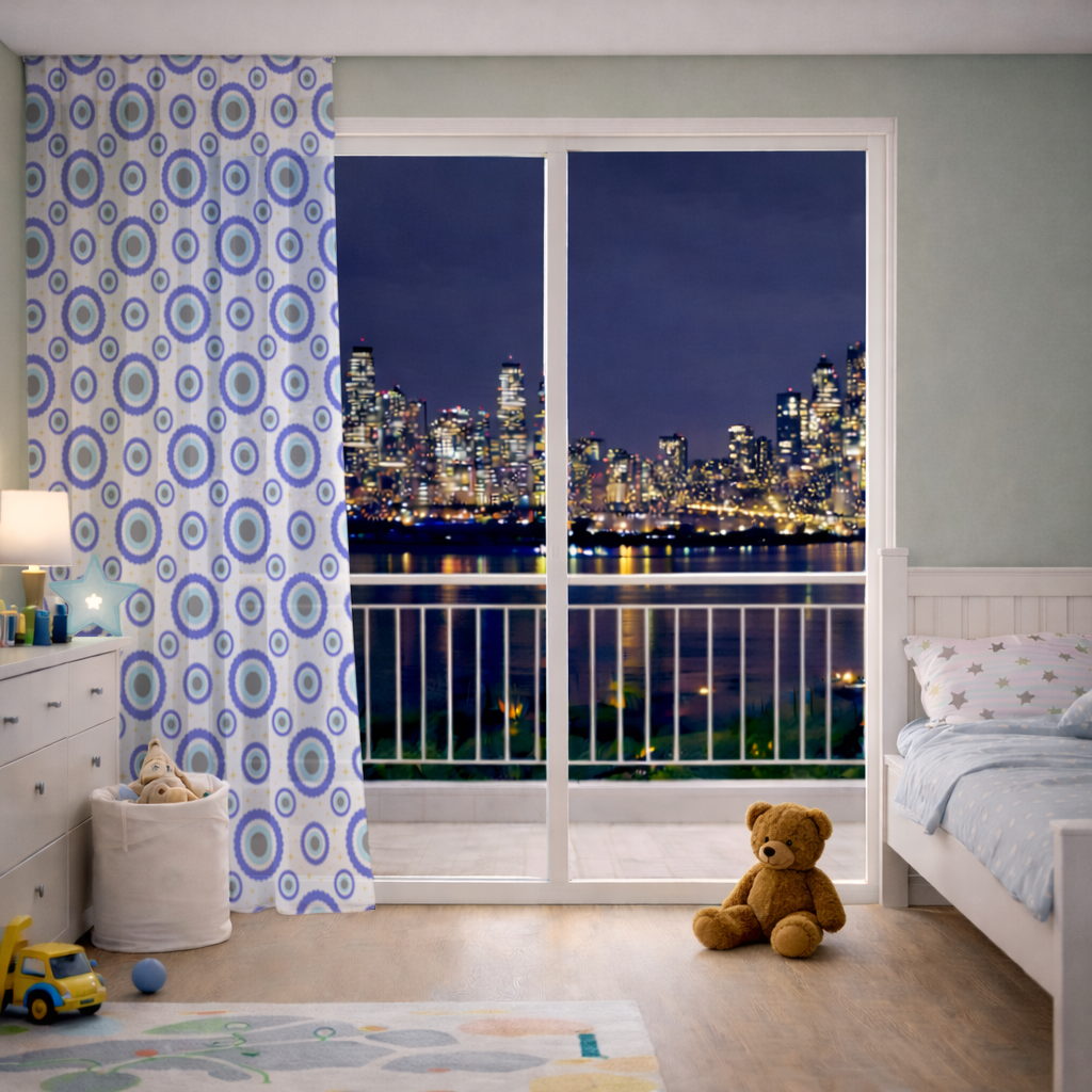 Yıldızlı Mavi Nazar Boncuğu Deseni Tül Perde