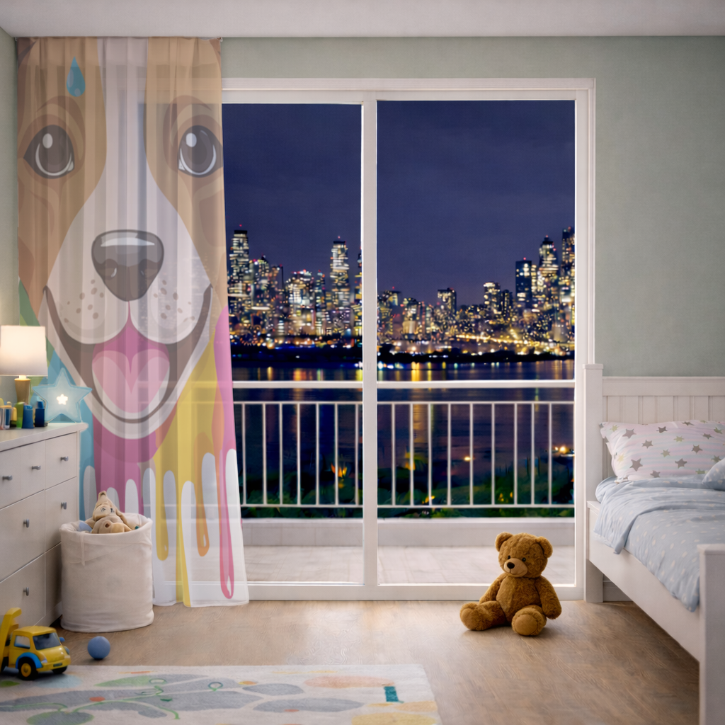 Happy Dog with Colorful Paint Drips Sheer Curtain