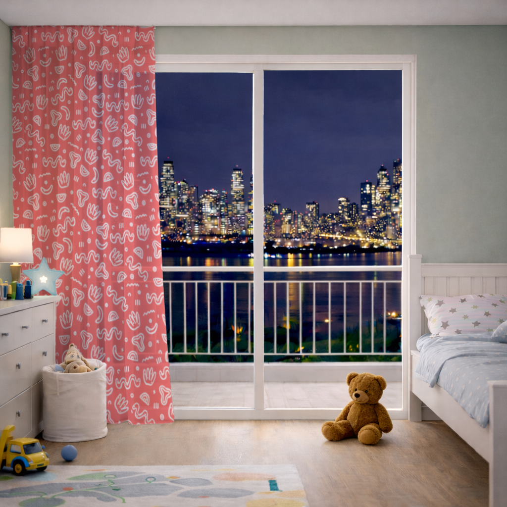 Red Abstract Doodle Sheer Curtain