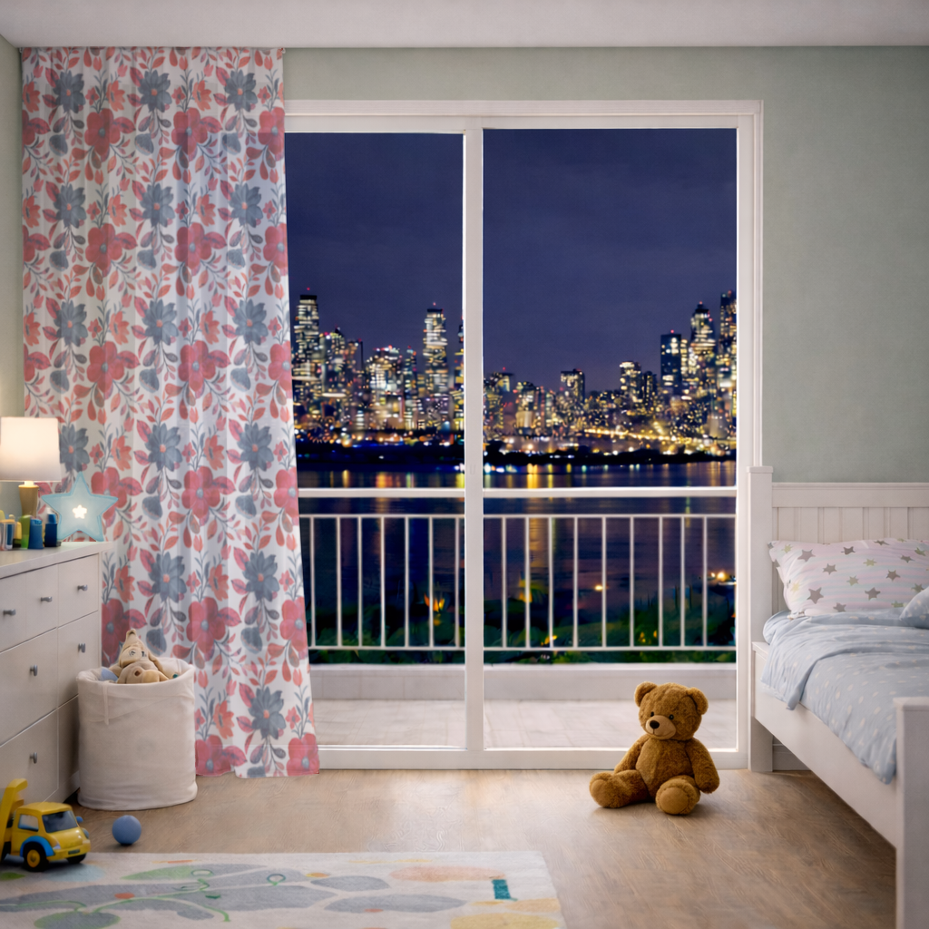 Suluboya Kırmızı Lacivert Çiçek Tül Perde