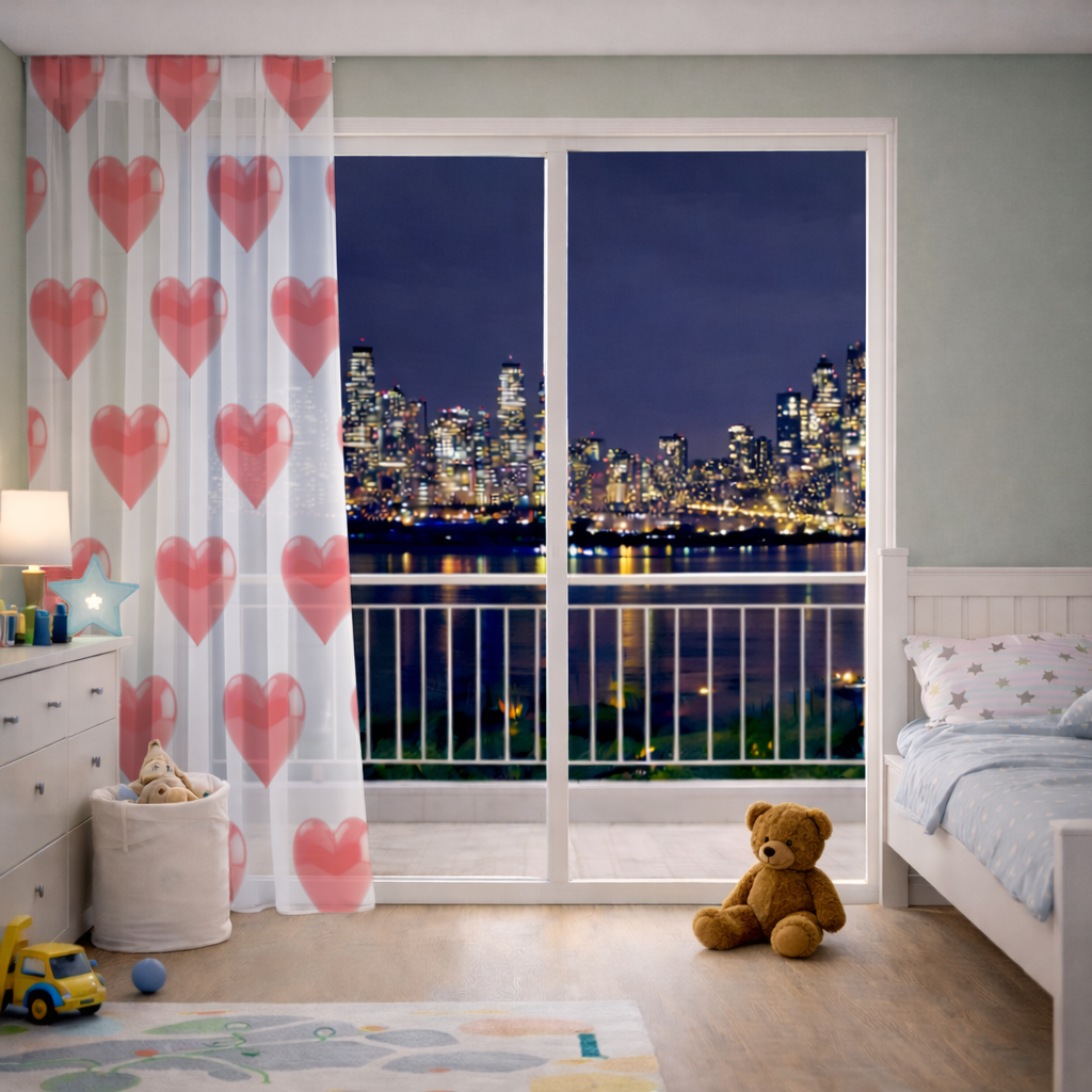 Glossy Red 3D Heart Sheer Curtain