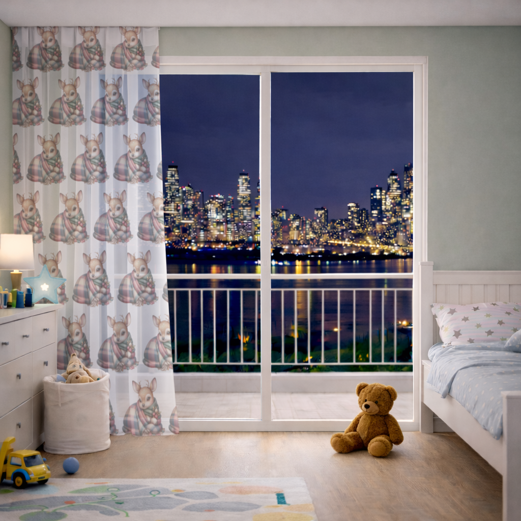 Kawaii Baby Deer with Plaid Scarf Sheer Curtain