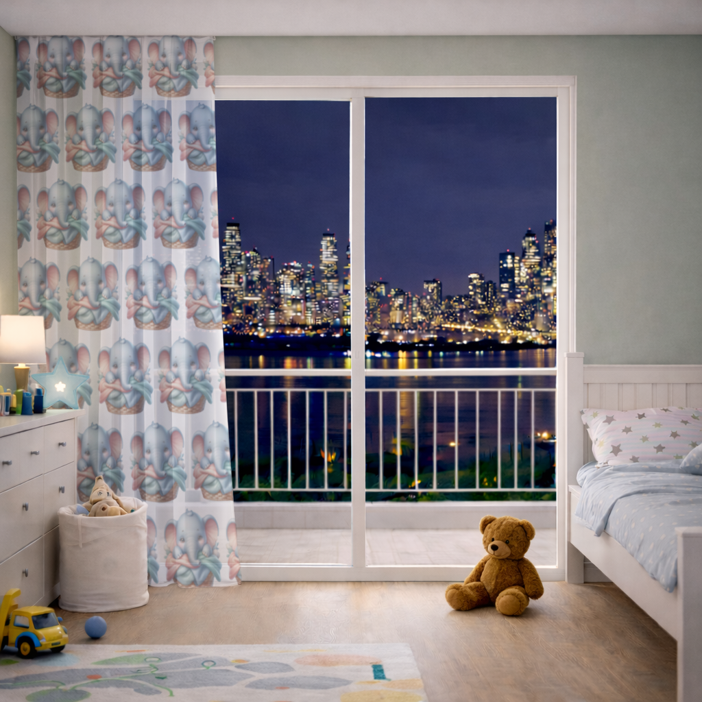 Cute Baby Elephant in Basket Sheer Curtain