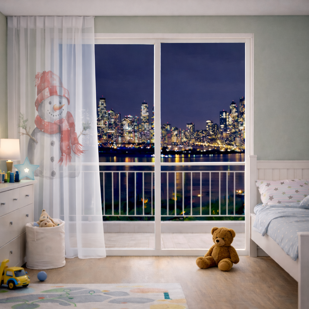 Cozy Red Scarf Snowman Sheer Curtain