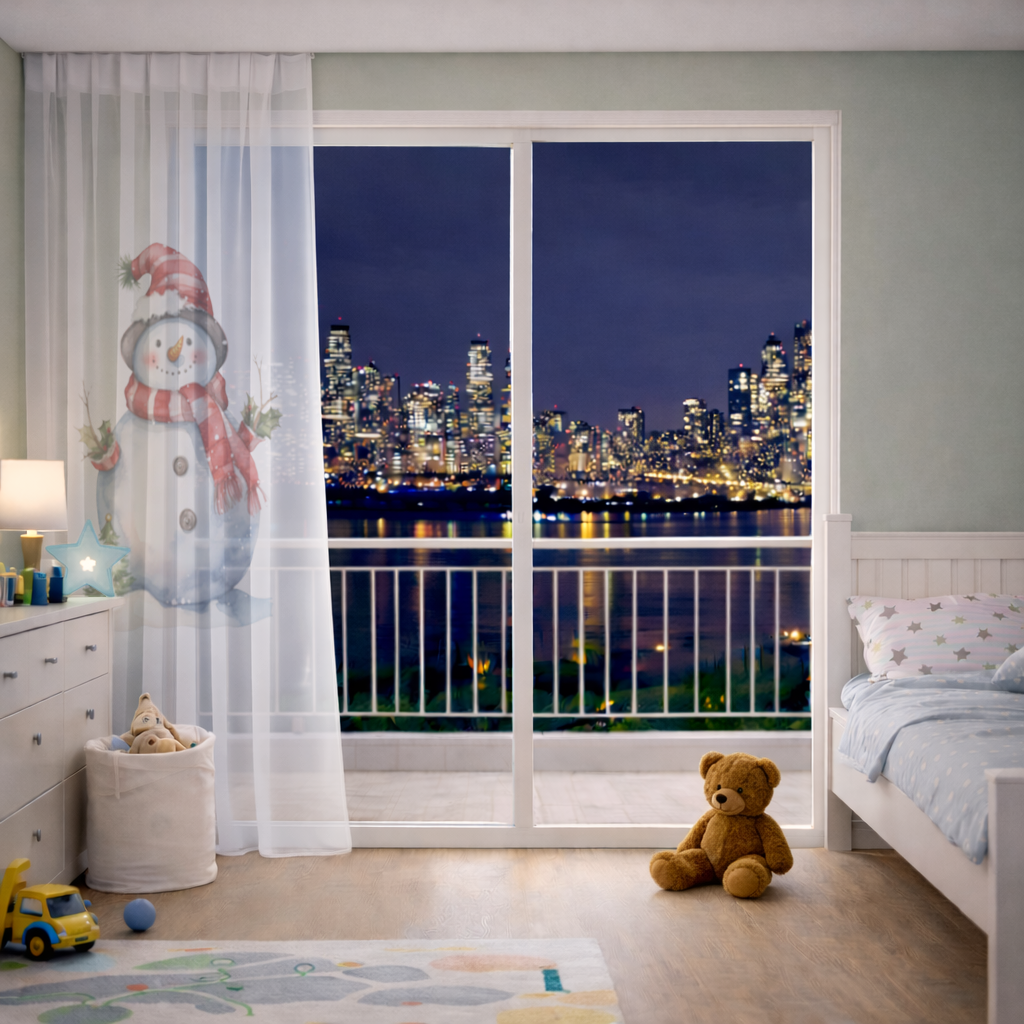 Whimsical Red Snowman Sheer Curtain