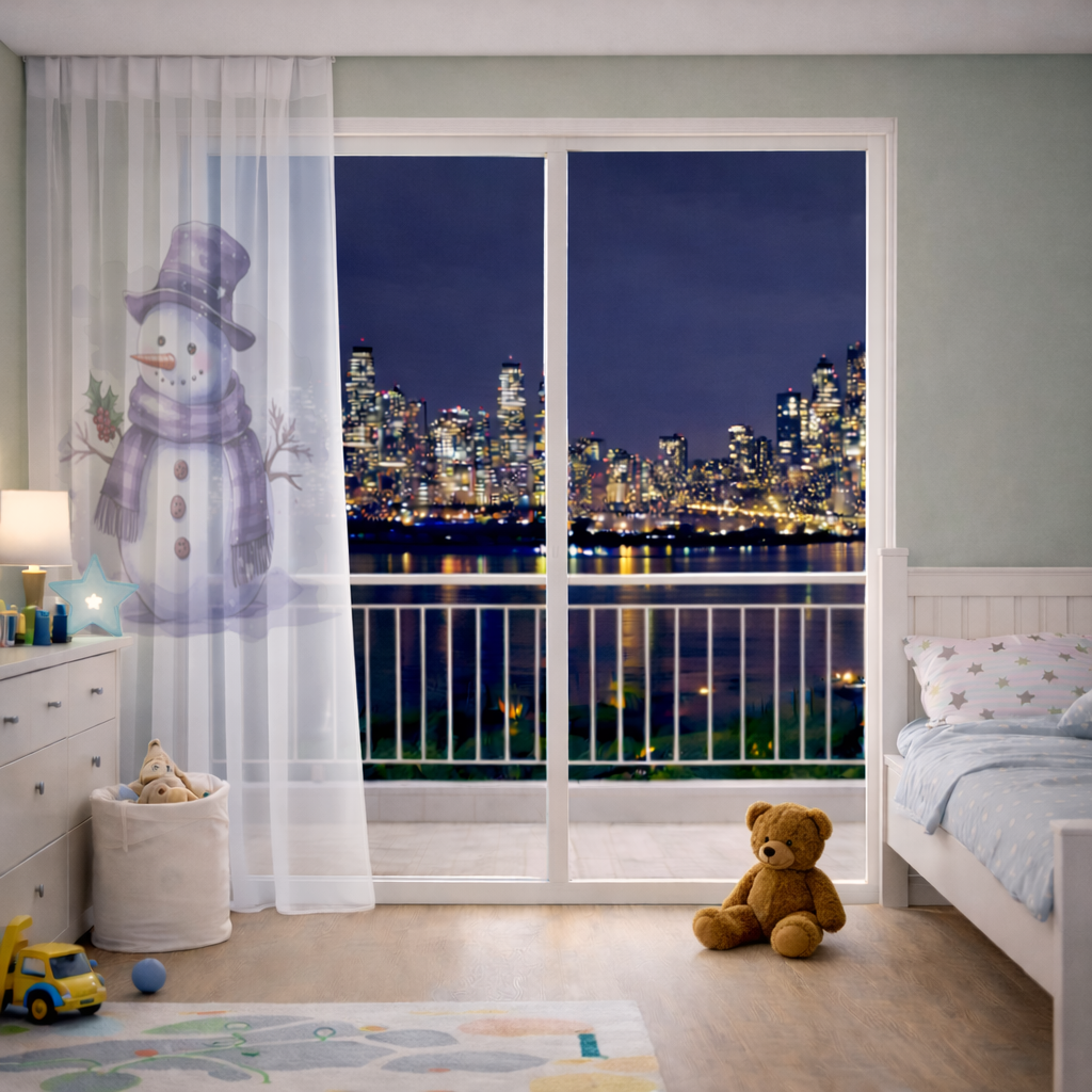 Whimsical Purple Snowman Sheer Curtain