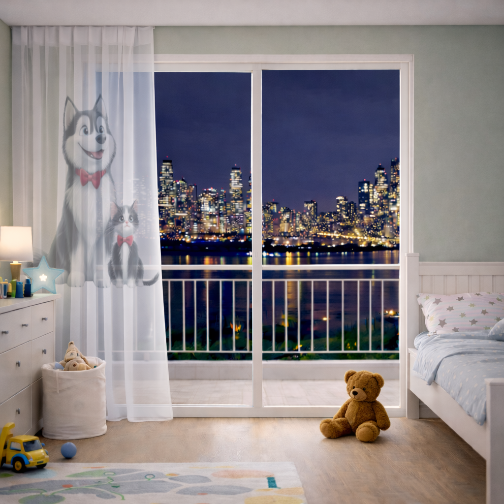 Cute Husky and Kitten with Red Bowties Sheer Curtain
