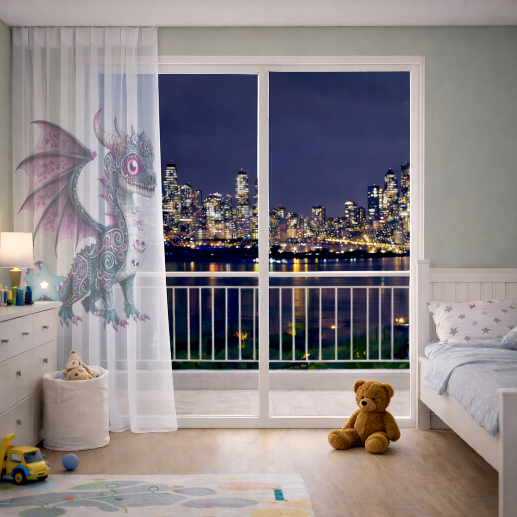 Purple Sugar Skull Dragon Sheer Curtain