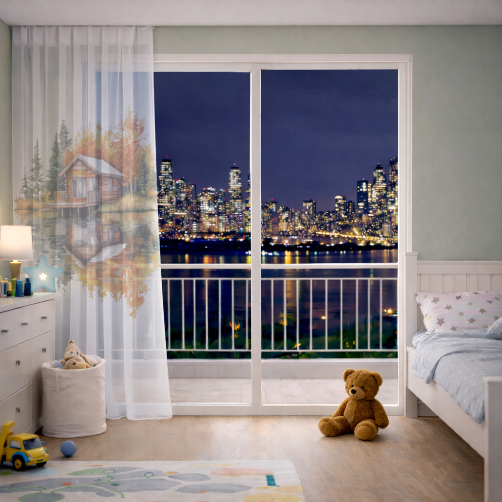 Lakeside Log Cabin Autumn Landscape Sheer Curtain