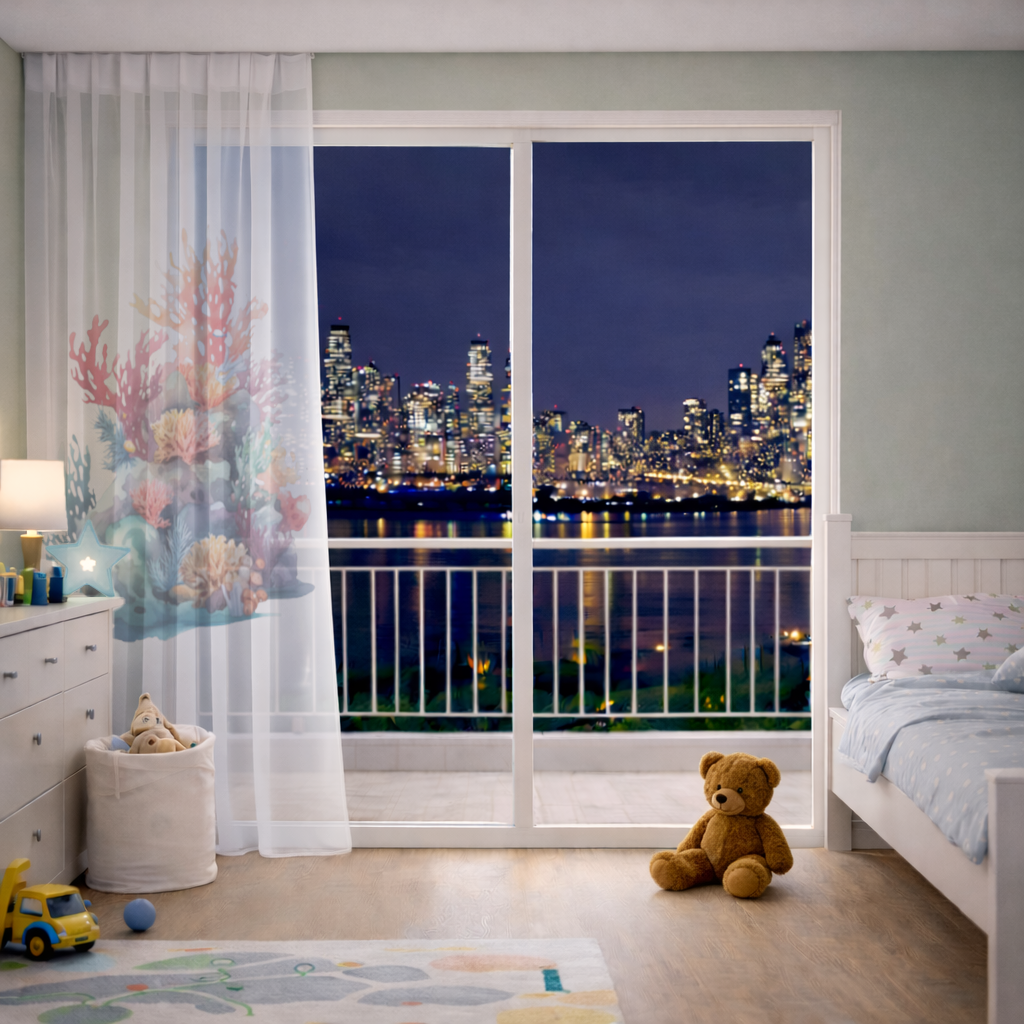 Vibrant Watercolor Coral Reef Scene Sheer Curtain