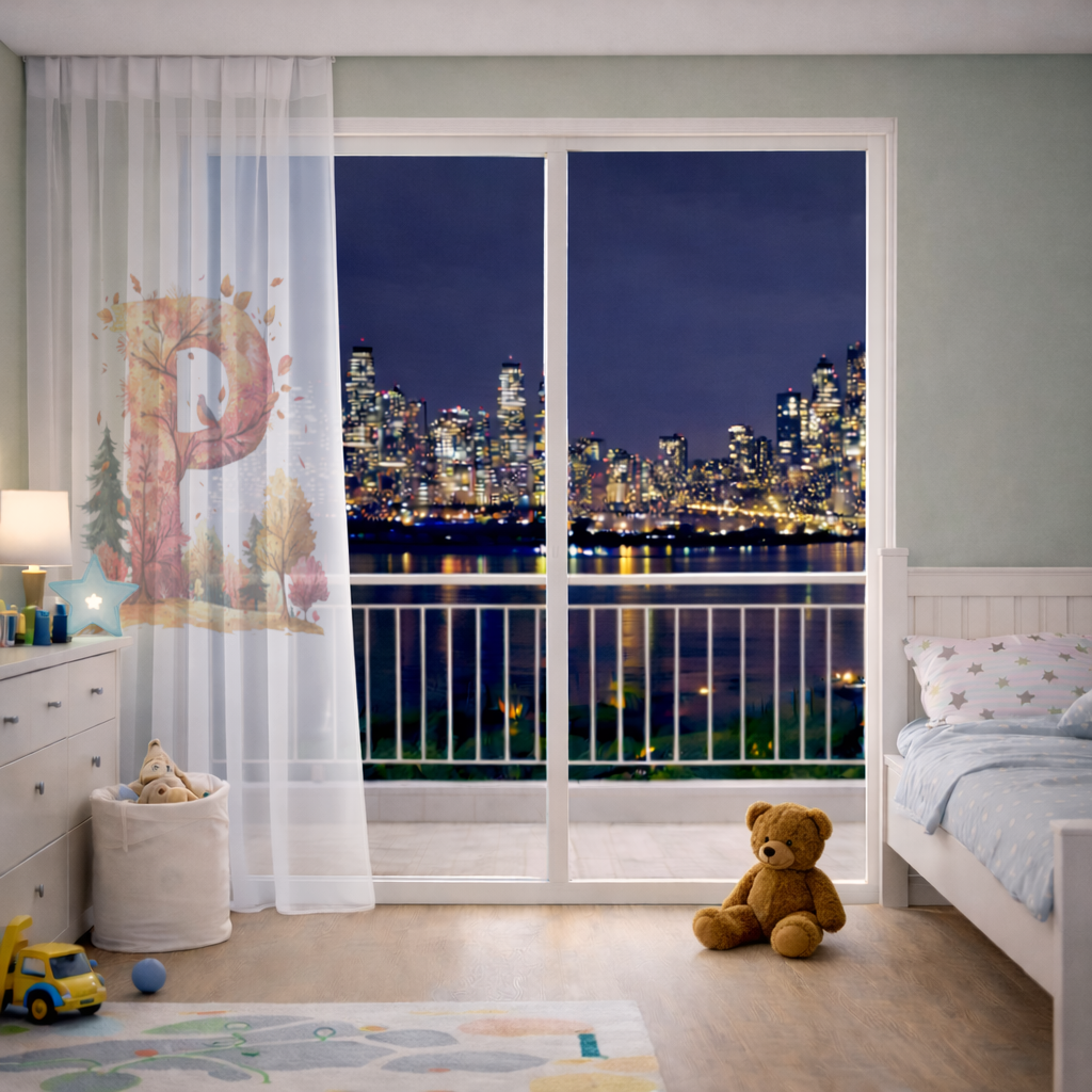 Autumn Forest Letter P with Bird Sheer Curtain