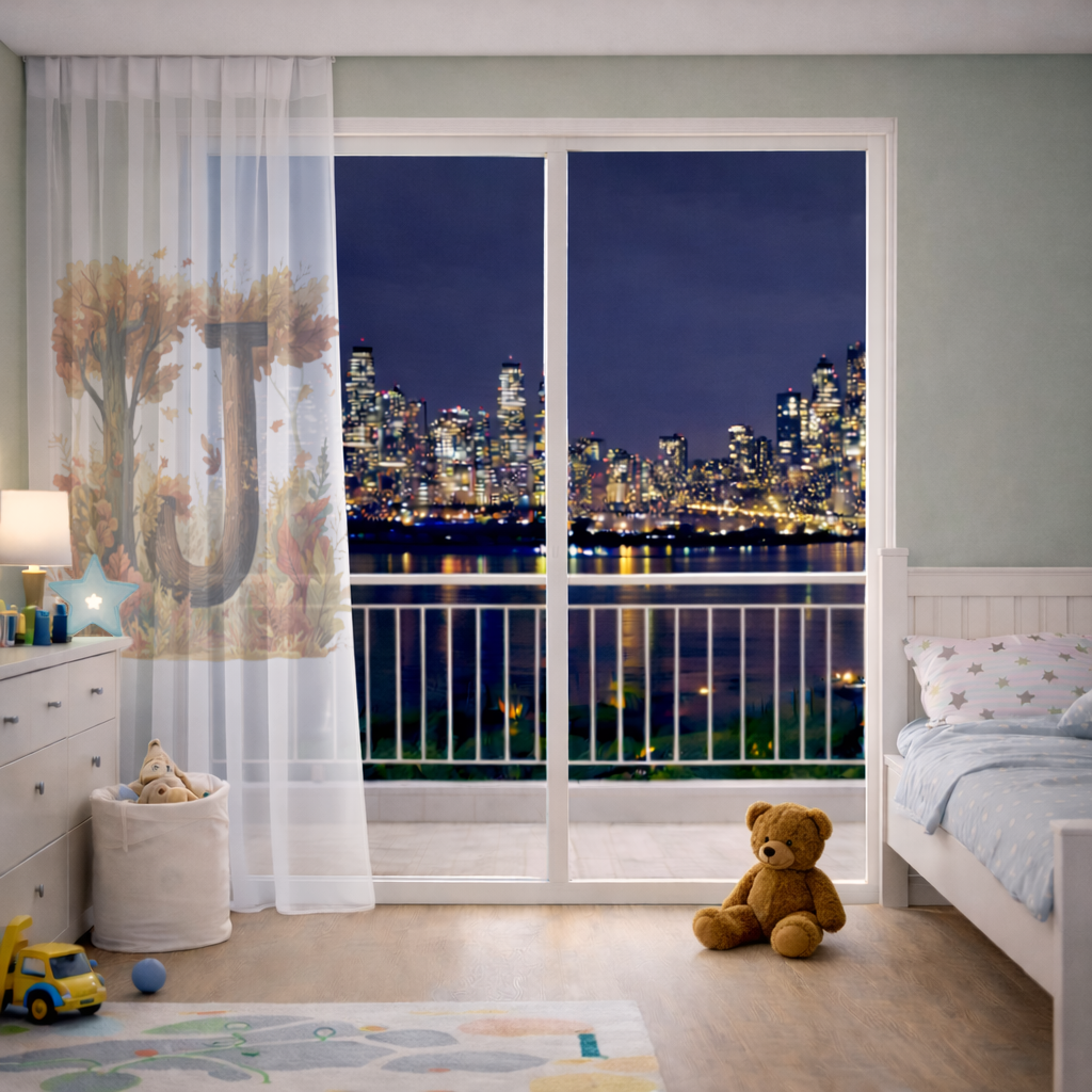 Fall Leaves Wooden Letter J Sheer Curtain