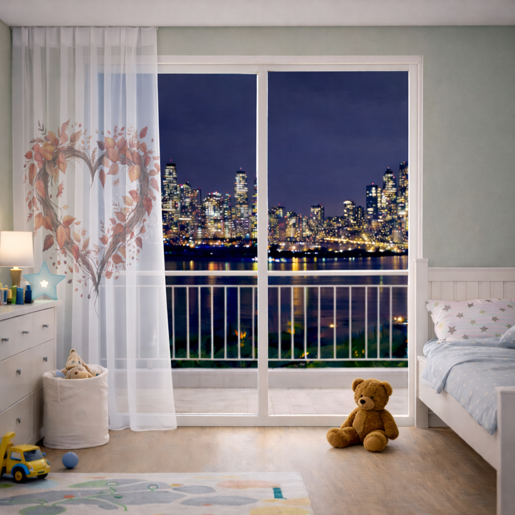 Sonbahar Yapraklarından Kalp Çelenk Tül Perde