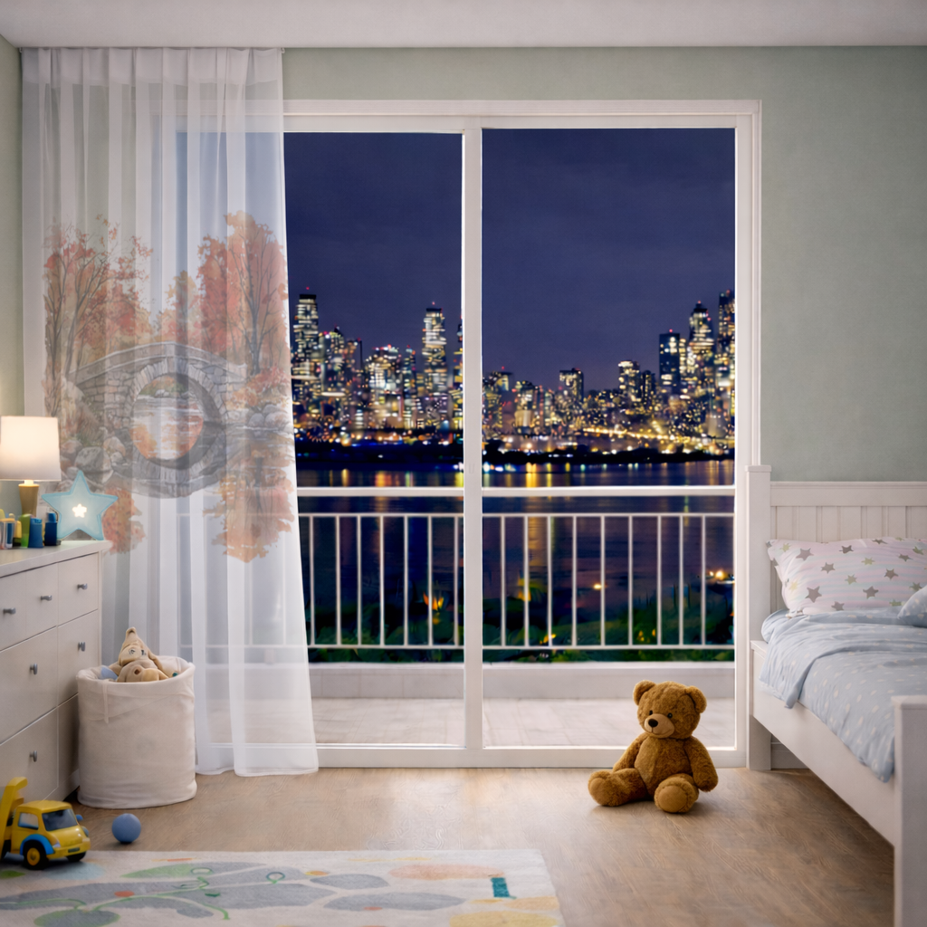 Sonbahar Taş Kemer Köprü ve Nehir Tül Perde