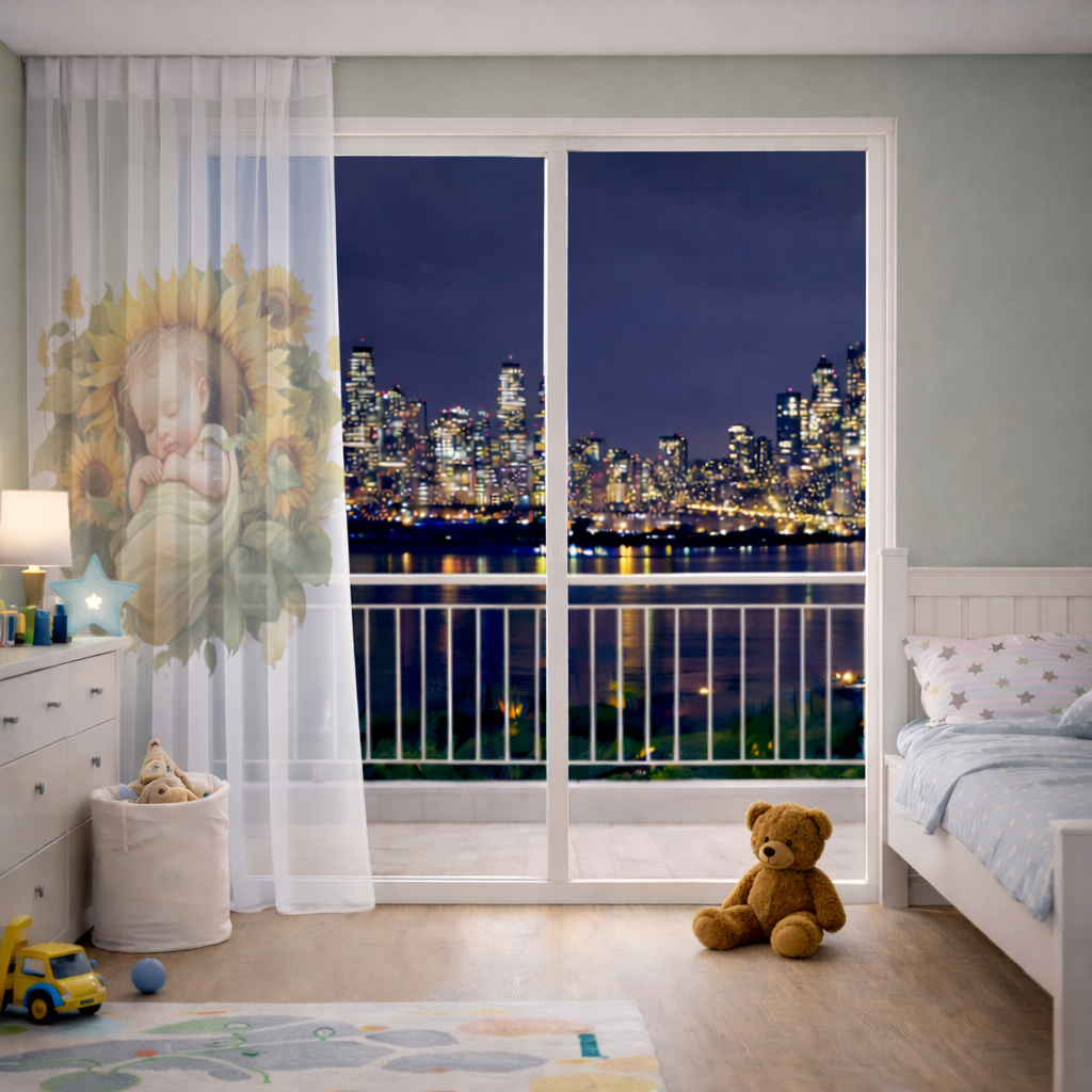 Ayçiçeği İçinde Uyuyan Bebek Tül Perde