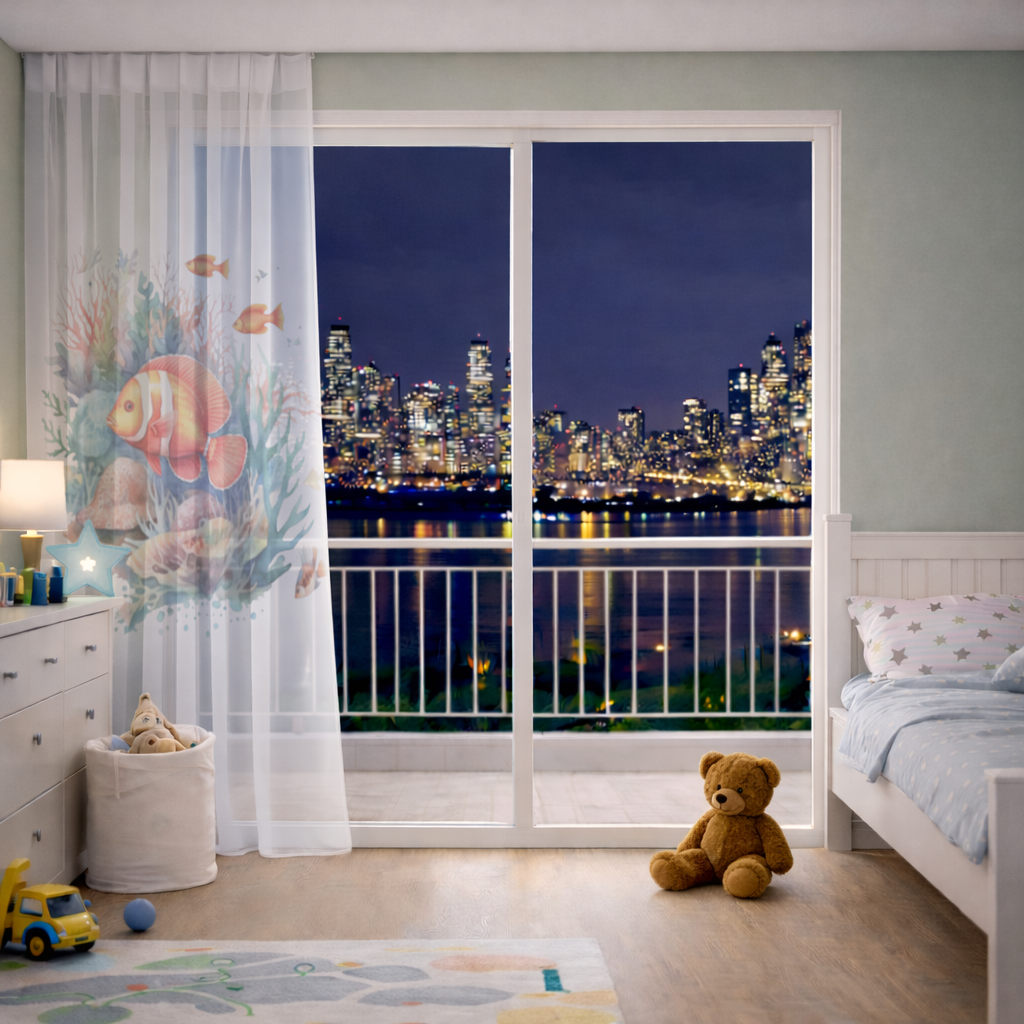 Watercolor Clownfish and Tropical Coral Reef Sheer Curtain