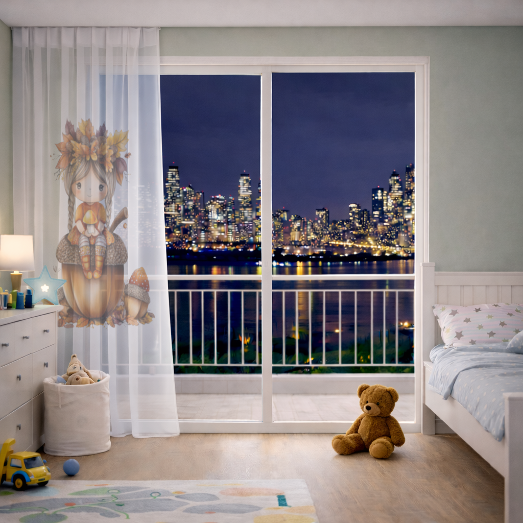 Autumn Acorn Mushroom Girl Sheer Curtain