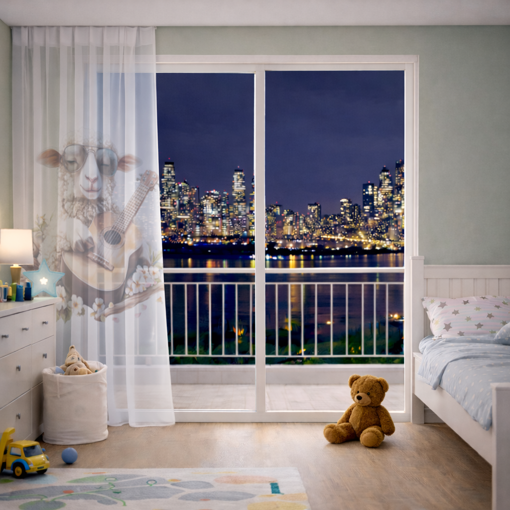 Ukulele Çalan Havalı Gözlüklü Koyun Tül Perde