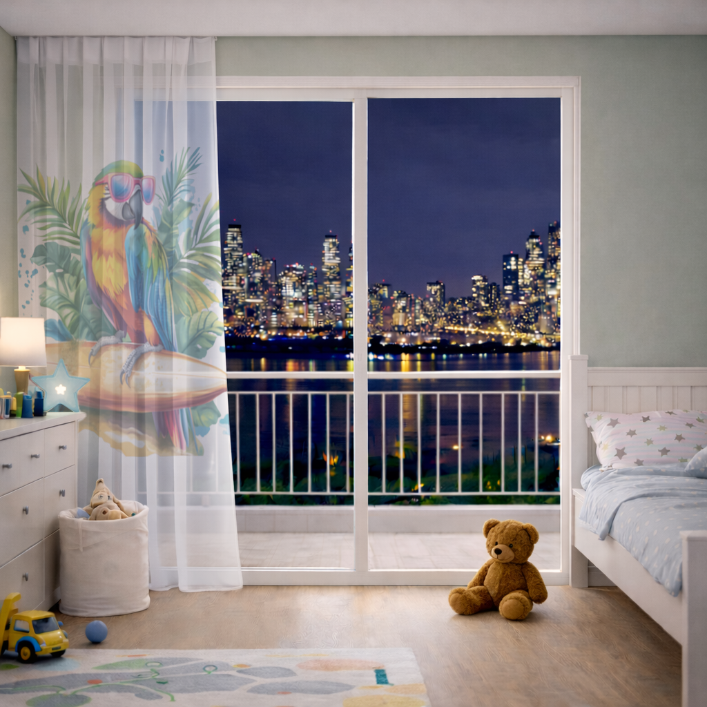 Sörf Yapan Güneş Gözlüklü Papağan Tül Perde