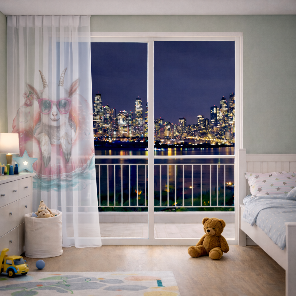 Pembe Gözlüklü Havuzda Yavru Keçi Tül Perde