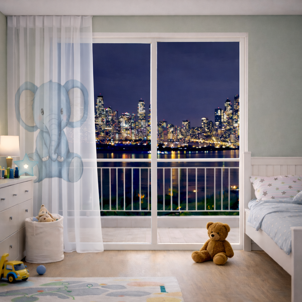 Mavi Suluboya Bebek Fil Tül Perde