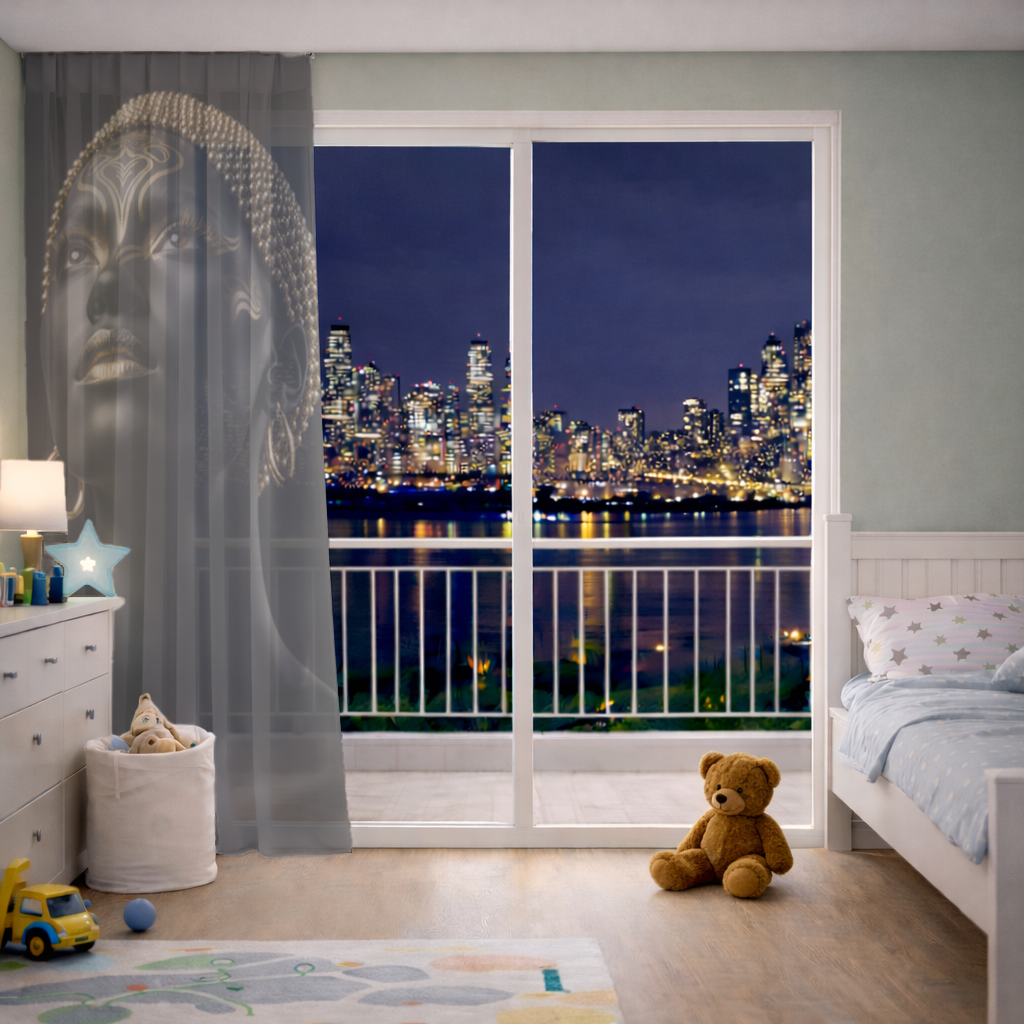 Siyah Altın Afrofütürist Kadın Tül Perde