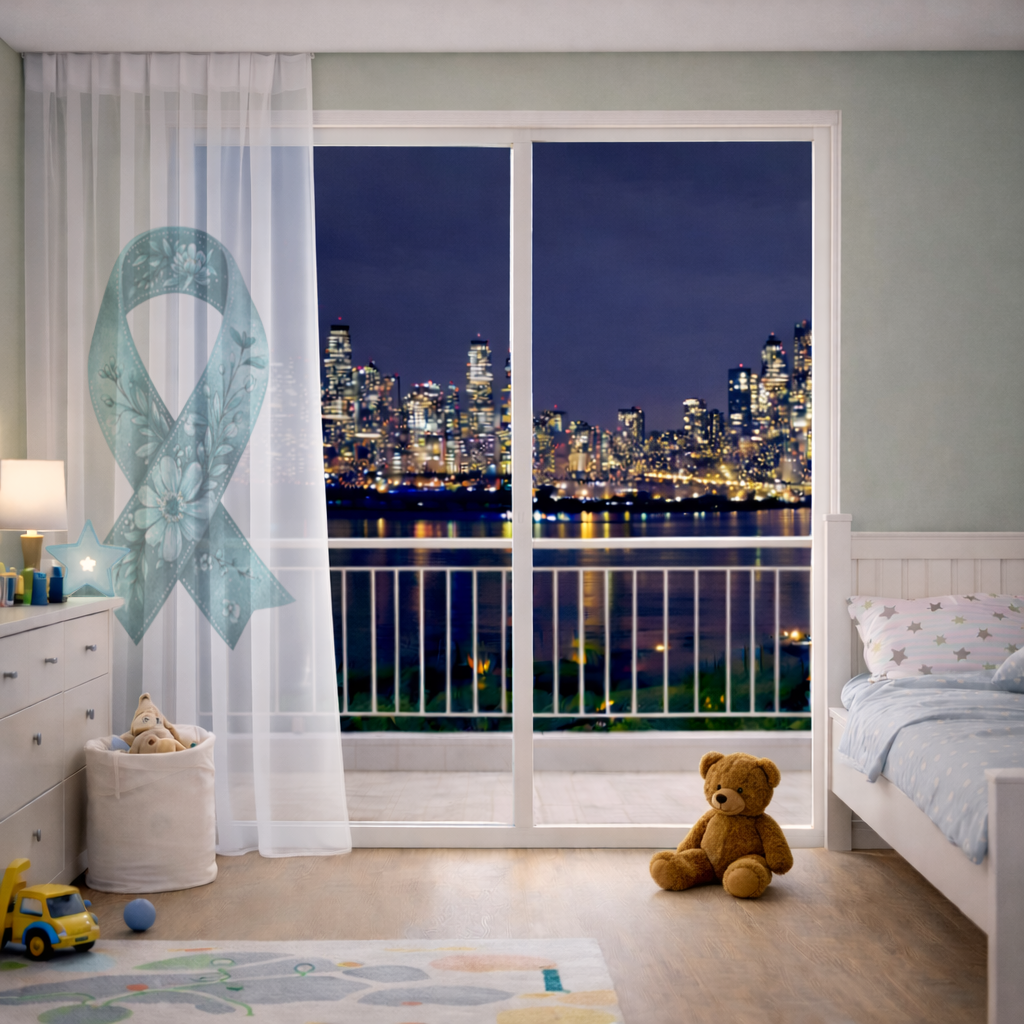 Turkuaz Çiçekli Farkındalık Kurdelesi Tül Perde