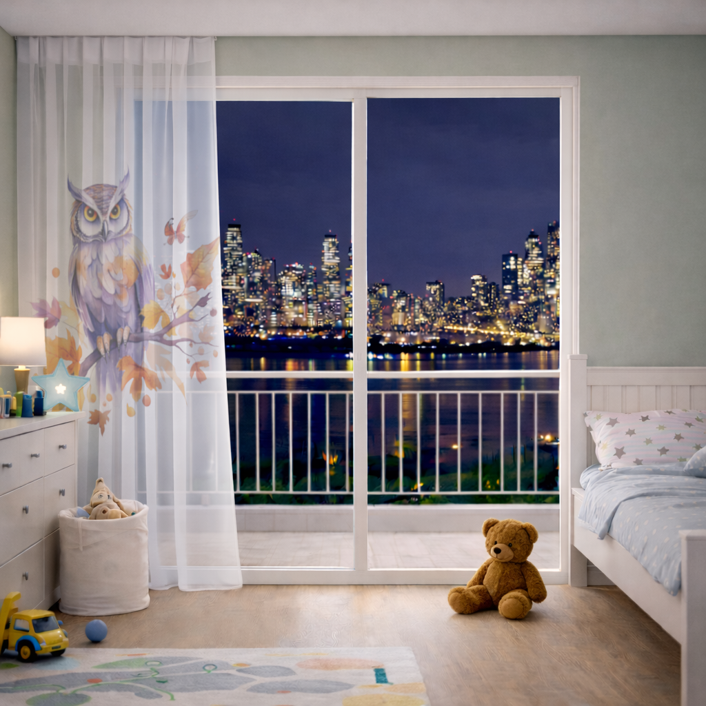 Whimsical Autumn Owl and Butterfly Sheer Curtain